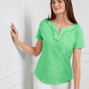 Talbots Dot Trim Split Neck Lime Green Short Sleeve Tee 100% Cotton Medium